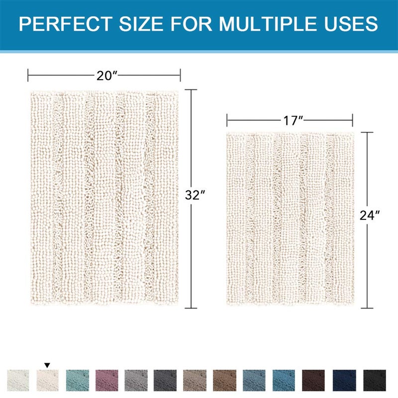 H.VERSAILTEX Ivory Bath Mat Bath Rugs, Extra Thick Striped Bath Rugs for Bathroom 2 Piece Bathroom Set, Anti-Slip Soft Plush Chenille Shaggy Mat Water Absorbent (Ivory, 20" x 32"/17" x 24") - Image 5